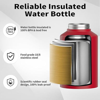 WATERSY Half Gallon Water Bottle Insulated(Cold for 48 Hrs),BPA Free&Leak Proof,64oz Stainless Steel Water Jug/Flask,Big thermo,Large Water Bottle with Handle for Gym,Hiking,Camping,Red