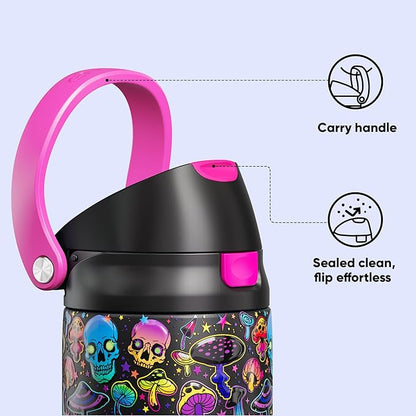 Encool SwiftSip Insulated Stainless Steel Water Bottle with Straw - Leak Proof Sports Water Bottle for School, Travel, Keeps Cold All Day, One-Touch Flip Lid, BPA-Free, 24 oz, Trippy Skulls