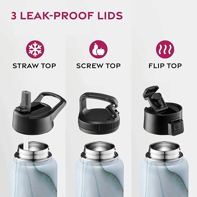 FineDine Water Bottle - Stainless Steel Insulated Water Bottle with Straw Lid, Flip Lid & Wide-Mouth Cap - Keeps Hot and Cold - 25 Oz / 739ml - Exquisite Blue Marble