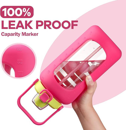 72oz Glass Water Bolttles, 3-in-1 Straw and Sip Spout Handle Lid, Half Gallon Water Bottle with Time Marker and Silicone Sleeve, BPA-Free Sports Water Bottle for Gym, School, Bright Pink