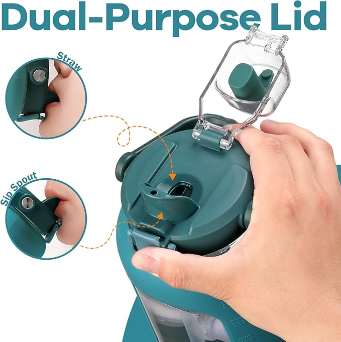 72oz Glass Water Bolttles, 3-in-1 Straw and Sip Spout Handle Lid, Half Gallon Water Bottle with Time Marker and Silicone Sleeve, BPA-Free Sports Water Bottle for Gym, School, Peacock Blue