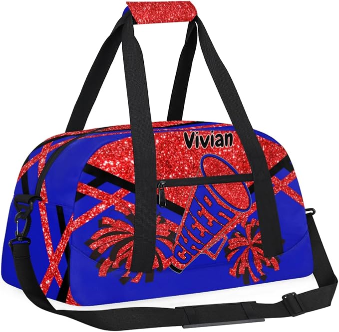 Personalized Sports Cheer Duffel Bag, Custom Sport Gym Bag Large Compartment Cheerleaders Dance Bag Weekender Bags Travel Training Bag for men, Red Sequins Glitter Black Royal Blue