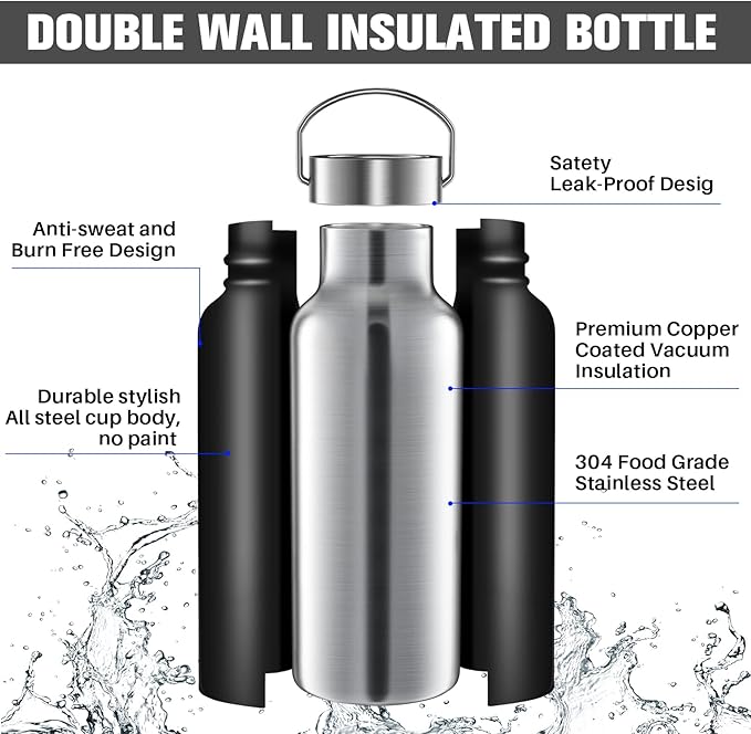 Cunhill 10 Pack Reusable Stainless Steel Water Bottle Bulk Double Wall Insulated Sports Water Bottle with Handle and Vacuum Seal Leakproof Lid for Sports Cyclists Hiking Gym Camping Gift(Black,17 oz)
