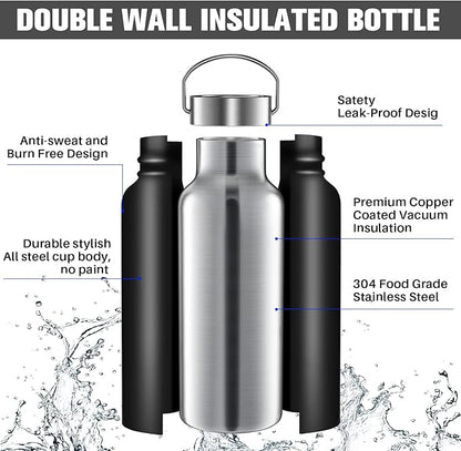 Cunhill 10 Pack Reusable Stainless Steel Water Bottle Bulk Double Wall Insulated Sports Water Bottle with Handle and Vacuum Seal Leakproof Lid for Sports Cyclists Hiking Gym Camping Gift(Black,17 oz)