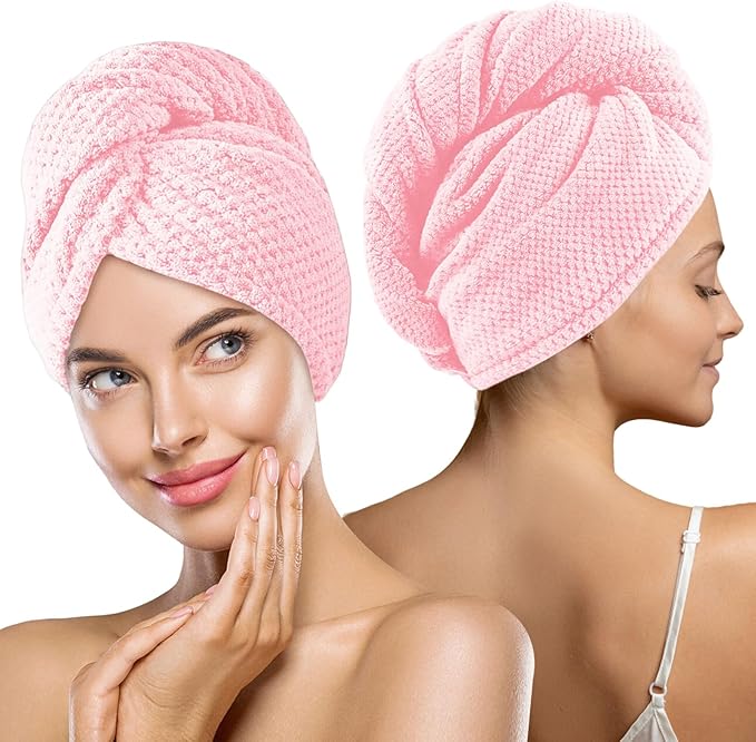 Microfiber Hair Towel, 2 Packs Hair Turbans for Wet Hair, Drying Hair Wrap Towels for Curly Hair Women, Large Hair Towel for All Hair Style, Pink