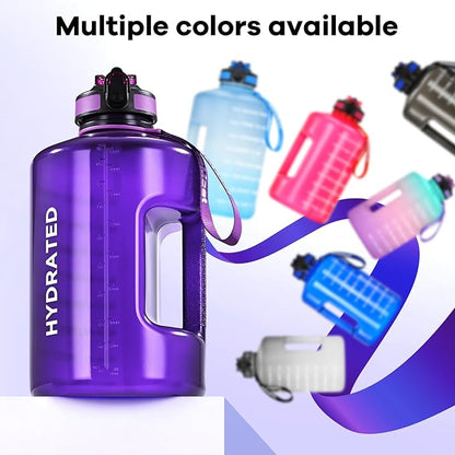 Leakproof Water Bottle Motivational with Straw & Strap, BPA Free, 128 oz Gym Water Bottle with Time Marker, Water Jug for Outdoor Enthusiasts (Purple Blue)