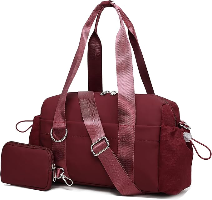 Everyday Mini Gym Bag for Women 2.0, Small Tote with Zipper Compartment Waterproof Travel Duffle Cute Handbag Workout Carry On with Removeable Shoulder Strap & Coin Wallet Easy to Clean-Wine