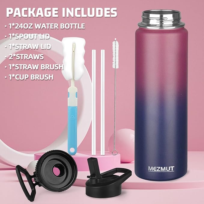 MEZMUT Insulated 24oz Stainless Steel Water Bottle with Straw & 2 Lids - Sports Metal Thermos Cup - Double Walled Vacuum Insulated Bottle - Leak-Proof Travel (Gradient Red Blue)