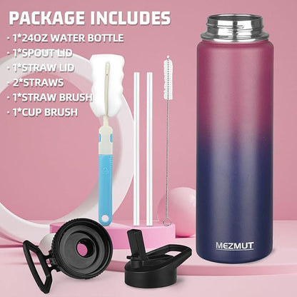 MEZMUT Insulated 24oz Stainless Steel Water Bottle with Straw & 2 Lids - Sports Metal Thermos Cup - Double Walled Vacuum Insulated Bottle - Leak-Proof Travel (Gradient Red Blue)