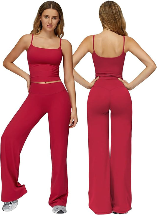 Womens Workout Sets Two Piece Spaghetti Straps Crop Top Matching Straight Leg Pants Gym Work Pilates Outfits