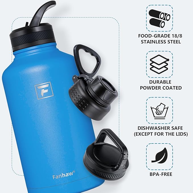 Fanhaw 64 oz Insulated Water Bottle – Large Stainless Steel Jug with 3 Lids (Straw, Spout, Carabiner) | Heavy-Duty, for Camping, Backpacking, Long Hikes & Outdoor Work (Sky Blue)