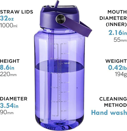 OLDLEY 32 oz Clear Water Bottle with Straw,Tritan BPA-Free, Wide Mouth, Leak Proof - for Gym, Travel, Home, School, Office (Deep Purple)