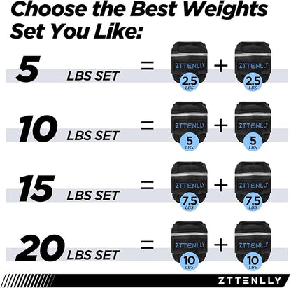 Adjustable Ankle Weights 1-5/10/15/20LBS Pair with Carry Bag - Breathable Fabrics, Reflective Trim - Strength Training Leg Wrist Arm Ankle Walking Weights Sets for Women Men Kids