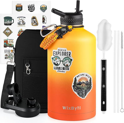 One Gallon Water Bottle Insulated, Triple Wall Vacuum Cold for 48 Hrs & Leak-proof & Non-BPA, 128oz Large Sports Stainless Steel Water Jug with Paracord Handle Straw Spout Lids & DIY Stickers