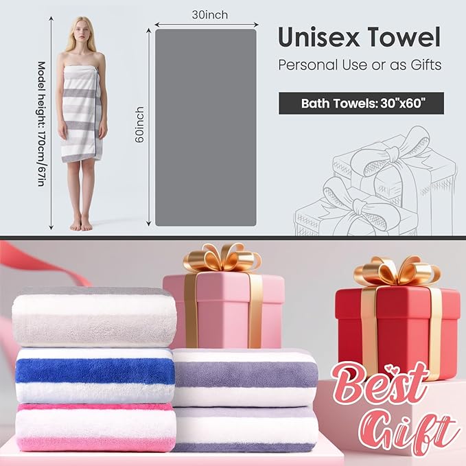 JML Bath Towels, Pack of 4, 30"x60", Large Microfiber Towel Set, Ultra Soft, Super Absorbent, Fast Drying, Perfect for Suana, Shower, Pool, Sport, Travel, Fitness, SPA,Yoga, Cabana Stripe Grey