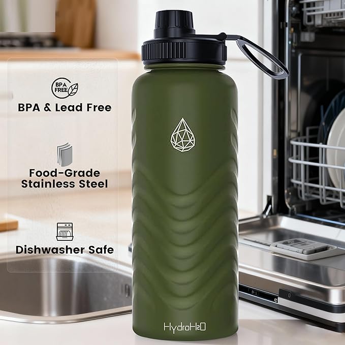 32oz Stainless Steel Insulated Water Bottle, 48H Ice Cold & 24H Hot, Leak-Proof Wide Mouth Lids (Straw & Spout), BPA-Free Bottles, Mens Water Bottle for Gym, Hiking, Travel - Green