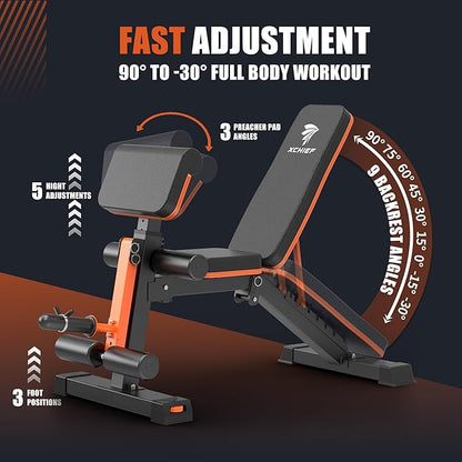 Adjustable Weight Bench - 1000LBS Capacity Heavy Duty Foldable Workout Bench for Full Body Exercise, Flat/Incline/Decline, Bench Press for Home Gym with Preacher Pad & Leg Extension
