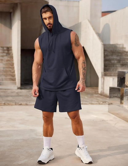 COOFANDY Mens Sleeveless Workout Hoodie Shorts Set 2 Piece Outfits Hooded Tank Tops Gym Tracksuit Sweatsuits
