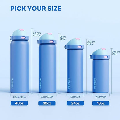 POWCAN 18 oz Metal Sports Water Bottle: 2-in-1 Push-Button Spout & Quick-Flip Straw, Leakproof, Cold 24Hrs, Lockable, Fits Car Cup Holder, Insulated Steel Cup for School, Hiking, Gift (Ohana Blue)