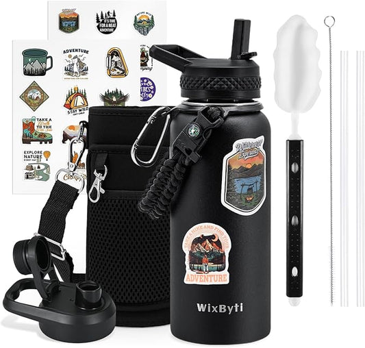 32 oz Insulated Water Bottle with Straw, Stainless Steel Triple Wall Vacuum Sports Water Jug, Leakproof Hydro Cup Flask with Paracord Handle & Straw Spout Lids & DIY Stickers