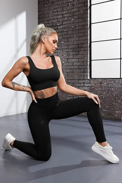 FAFOFA Ribbed Workout Outfits for Women 2 Piece Seamless Sport Bra High Waist Yoga Leggings Sets