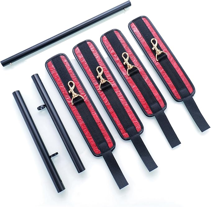 Spreader Bar Heavy Duty Stainless Steel Expandable Bar Home Gym with 4pcs Furry Crocodile Red Adjustable Strap,Sports Aid Training Pilates Aid Kit,Indoor Yoga Set