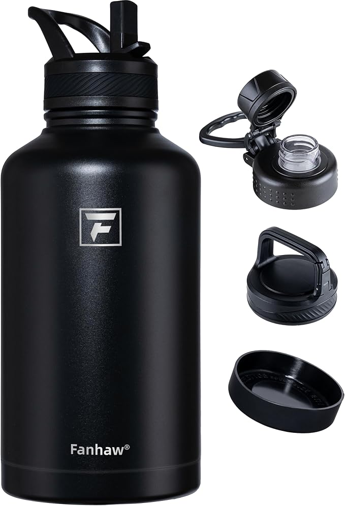 Fanhaw 64 oz Insulated Water Bottle – Large Stainless Steel Jug with 3 Lids (Straw, Spout, Carabiner) | Heavy-Duty, for Camping, Backpacking, Long Hikes & Outdoor Work (Black)