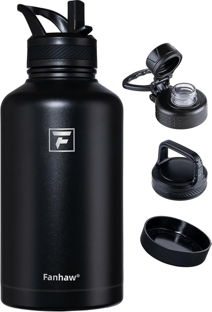 Fanhaw 64 oz Insulated Water Bottle – Large Stainless Steel Jug with 3 Lids (Straw, Spout, Carabiner) | Heavy-Duty, for Camping, Backpacking, Long Hikes & Outdoor Work (Black)