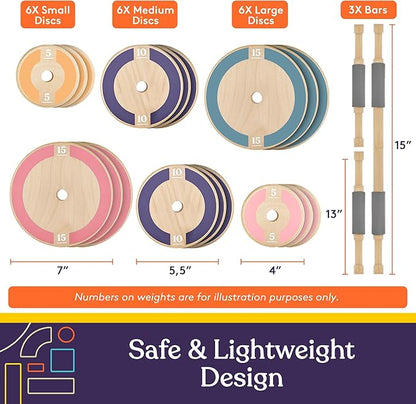 Special Supplies Kids Wooden Workout Play Weights Set - Adjustable Dumbbells and Barbell Set for Home Gym Equipment, Exercise Workout Set for School or Home Fitness Activities, Pastel Colors (Set of 1 Barbell and 2 Dumbbells)