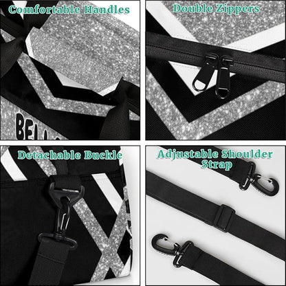 Personalized Cheerleading Dance Bag Girls, Sports Bag Gym Sport Duffel Bag Weekender Bags Travel Dancing Lightweight Bag, Silver Black Glitters
