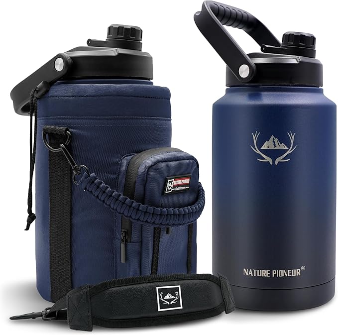NATURE PIONEOR 1 Gallon Insulated Water Bottle - Double Vacuum Stainless Steel 128 oz Water Bottle with Holder/Carrier, Wide Mouth 1 gallon Water Jug for Outdoor Sports, Hiking, Camping, Gym