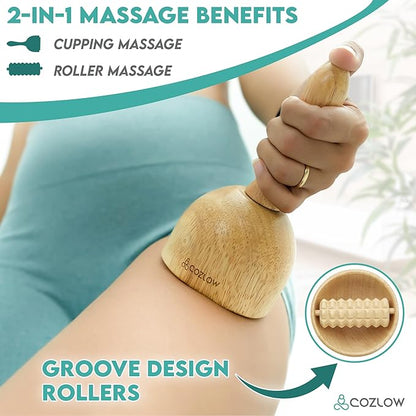 COZLOW Wood Therapy Massage Cup w/Roller, Maderoterapia Massager for Body Sculpting - Wooden Cupping Massage Tool for Lymphatic Drainage - Maderotherapy Helps Reduce Cellulite Appearance