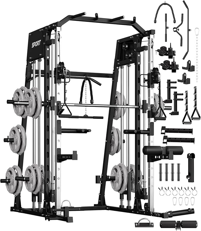 GarveeLife Smith Machine Home Gym All in One, 2200 LBS Squat Rack Power Cage with Smith Bar, LAT Pull-Down, Cable Systems, Leg Hold-Down and More Attachments, Workout Equipment (Red Black)