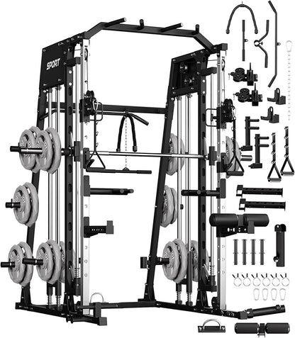 GarveeLife Smith Machine Home Gym All in One, 2200 LBS Squat Rack Power Cage with Smith Bar, LAT Pull-Down, Cable Systems, Leg Hold-Down and More Attachments, Workout Equipment (Red Black)