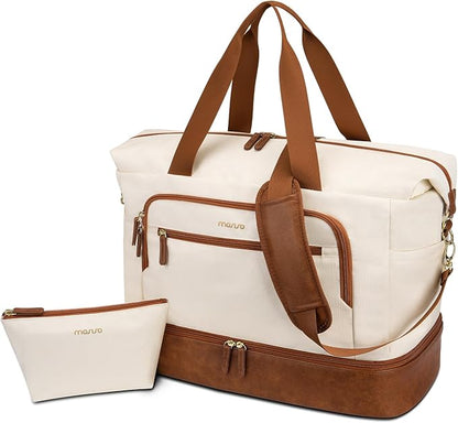 MOSISO Gym Bag for Women, Travel Duffle Weekender Overnight Workout Carry on Gym Duffle Bag with Toiletry Pouch&Shoe Compartment&Wet Pocket&Front Pocket for Fitness, Yoga, Weekend, Beige