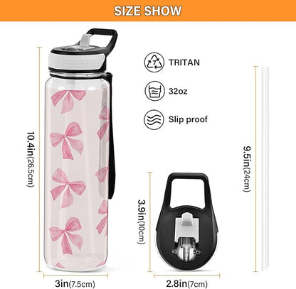 Burbuja Pink Bow 32 oz Water Bottle with Straw Lid, Leakproof & BPA Free Tritan Bottle for Gym Fitness Outdoor Sports