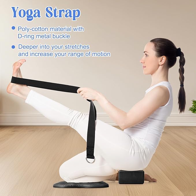 5 Pcs Yoga Blocks Knee Pads Yoga Strap Set Soft Premium Foam Blocks Accessories for Pilates Meditation General Fitness Stability, Kneeling, Balance, Deepen Stretches and Toning