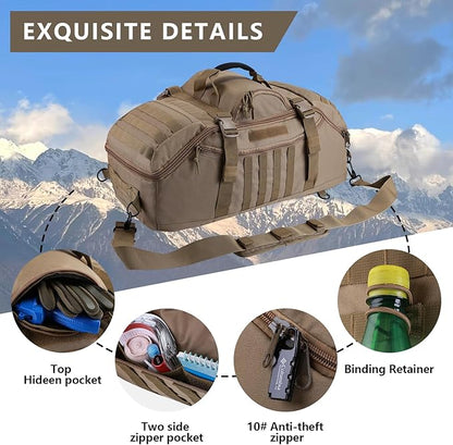 65L Large Duffle Bag, 3-in-1 Tactical Backpack MOLLE Pack for Sports, Gym, Outdoor, Coyote