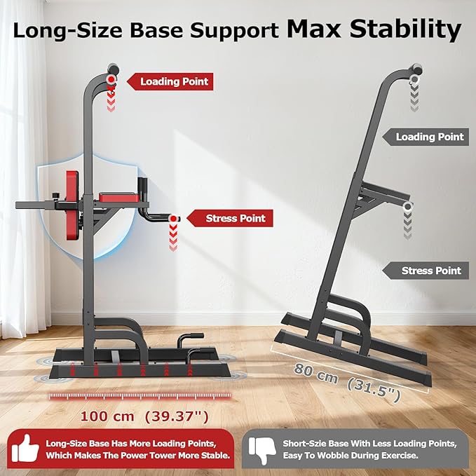 Power Tower Dip Station Pull Up Bar for Fitness Home Gym Workout,Multi-Function Adjustable Height Fitness Strength Training Exercise Equipment,with Power Elastic Ropes (Black S01)