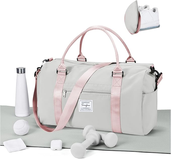 Gym Bag for Women Men with Shoes Compartment,Sports Duffle Bag Personal item travel Duffel Bags Tote Bag Small Carry on Weekender Overnight Bag Workout Dance Bag Hospital Holdalls Grey Pink