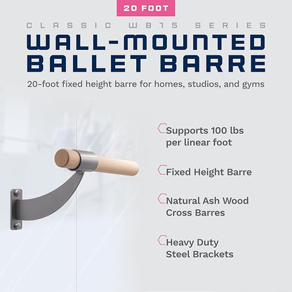 VITA Barre Wall-Mounted Single Ballet Barre, Classic WB15, Wood | Fixed Height, Made in USA, Home, Studio or Gym Exercise Equipment for Kids & Adults | Dance, Fitness, Pilates