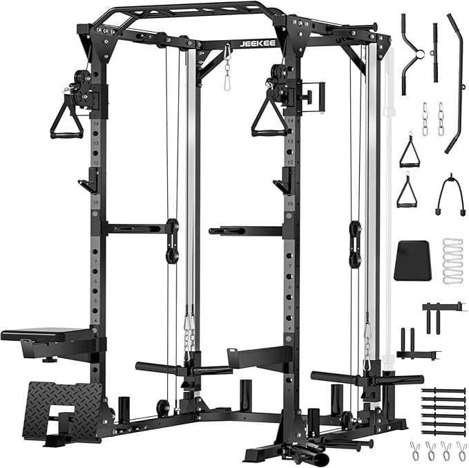 JEEKEE Power Cage with Cable Crossover System, 2000LB Multi-Function Power Rack with Independent Dual Pulleys, LAT Pulldown Seat Cushion, 20+ Attachments Squat Rack for Home Gym Workout