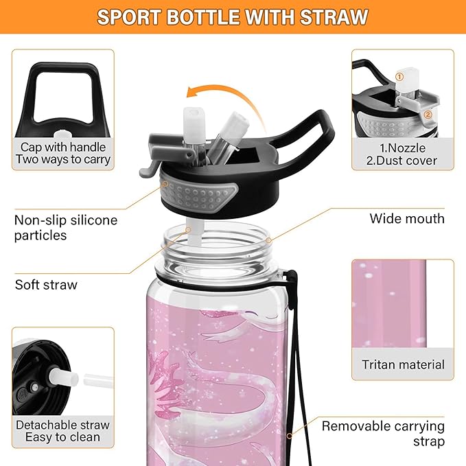 Burbuja Kawaii Axolotl 32 oz Water Bottle with Straw Lid, Leakproof & BPA Free Tritan Bottle for Gym Fitness Outdoor Sports