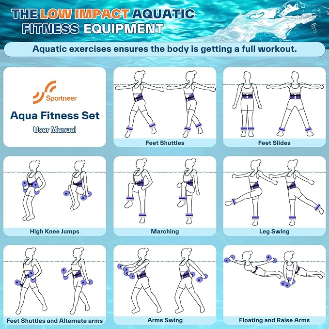 Sportneer Aquatic Exercise Equipment Water Aerobics Combo Set Includes High Density Water Weights Dumbbell Aqua Belt Water Ankle Weights for Pool Exercise Aquatic Therapy Pool Fitness Water Exercise