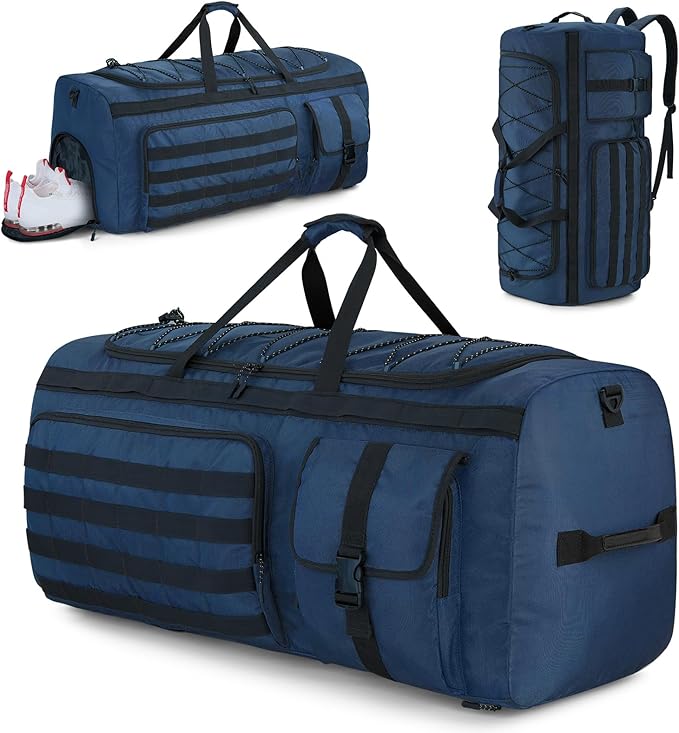 Gonex 90L Extra Large Duffel Bag for Men, Heavy Duty 3 in 1 Convertible Carry Travel Duffle, with Shoe Compartment, Tactical Loops, Sports Gear Bag for Family Trips (Dark Blue)