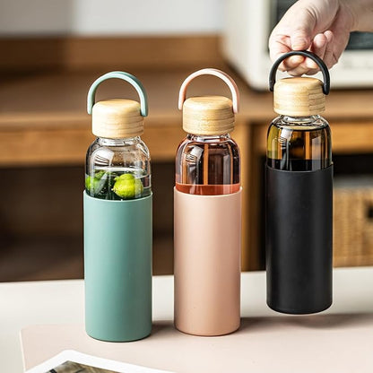 21oz Borosilicate Glass Water Bottle with Non-Slip Sleeve & Leak-Proof Lid-Reusable Drink Bottle for Office,Travel,Gym,Hiking-Ideal Gift for Home,Car & Fitness Enthusiasts (2*Pink+2*Green)