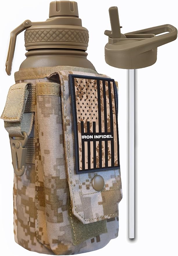 Iron Infidel Battle Bottle - 32 Oz Insulated Water Bottle with Straw Lid & Chug Cap, Stainless Steel Metal Tactical Flask With Rugged, Removable Sleeve for Keys & Phone or Wallet (MARPAT 1 Liter)