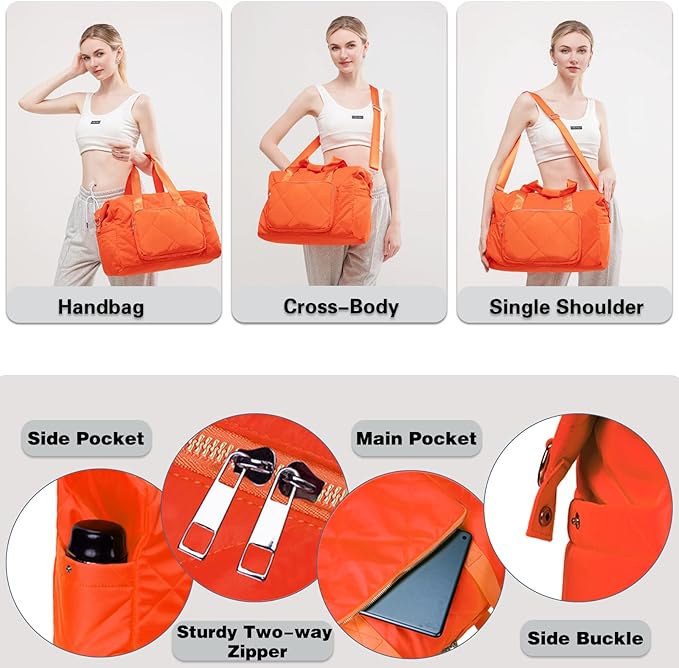 Orange Gym Bag for Women, 18 Inch Lightweight Puffy Carry On Duffel Bag for Travel Sports Yoga, Water Resistant