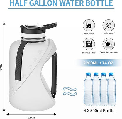 Half Gallon Water Bottle with Straw, 2 Liters - Leakproof Seal, Dishwasher Safe Design and Durable Solid No-Slip Handle for Gym，Sports and Travel
