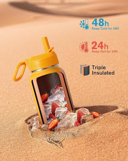 Water Bottle 40 oz Insulated with Straw&Brush, Coolflask Vaccum Stainless Steel Metal 3 Lids Water Flask for Sports, Gym or Office, Keep Cold 48H Hot 24H, Ombre Yellow/Orange